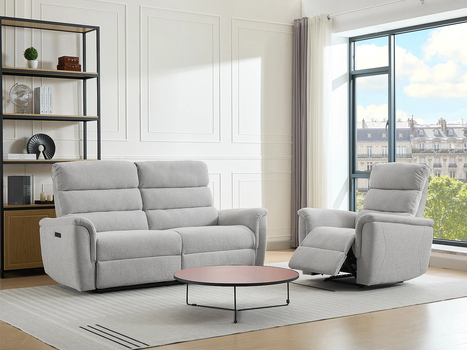 Canapé 3 places et fauteuil relax électrique en tissu gris clair CARTASIA