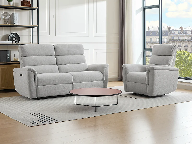 3-personers sofa og elektrisk lænestol i lysegråt stof CARTASIA