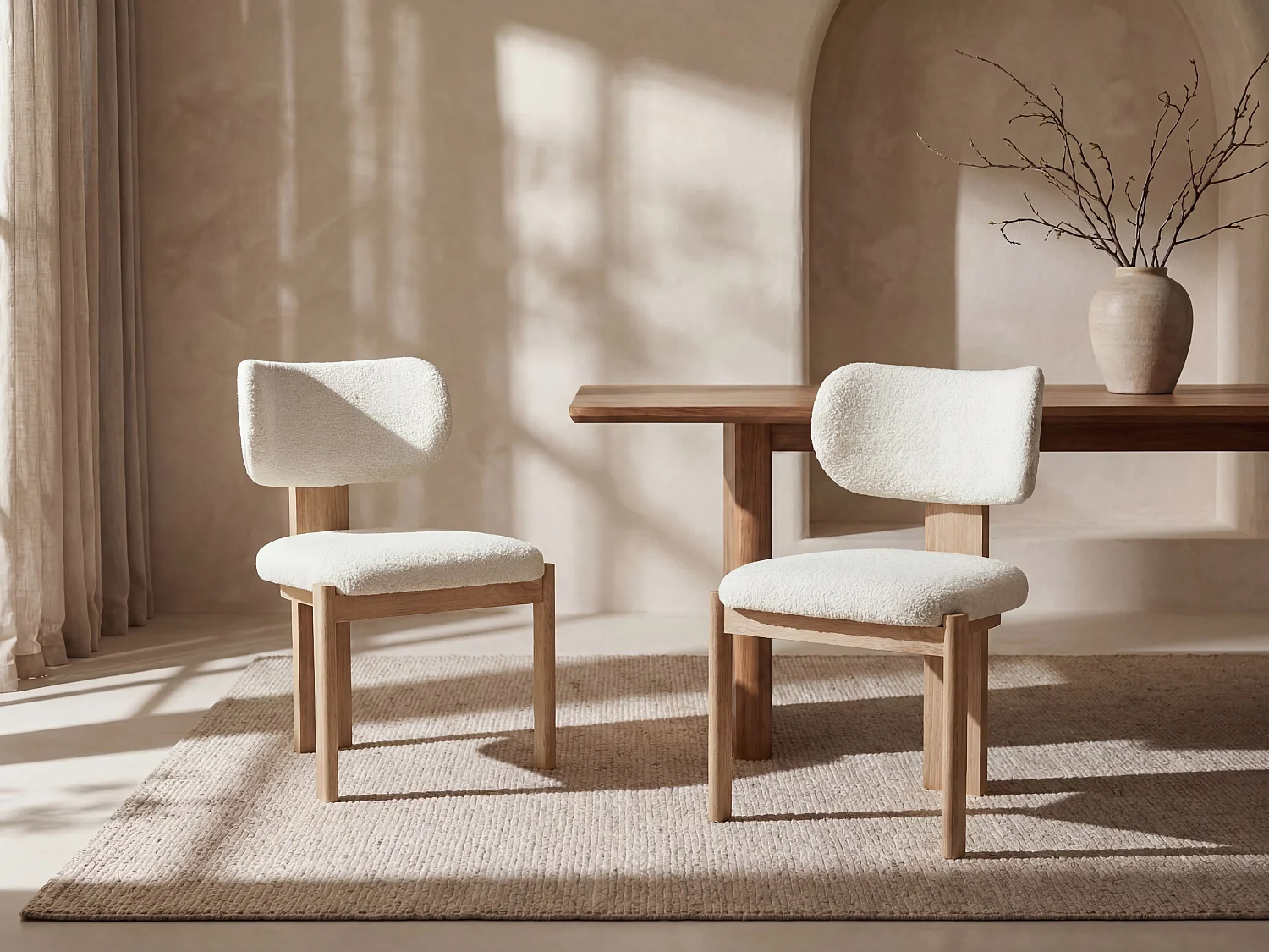 Sedia in tessuto bouclette e legno di hevea - Bianco - Lotto di 2 - WILANA
