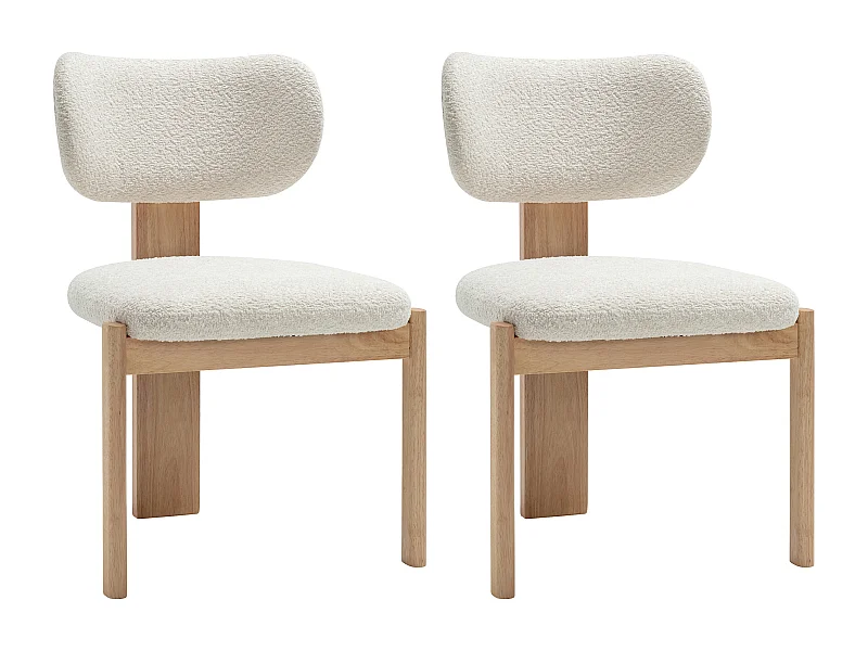 Lot de 2 chaises en tissu bouclette et bois d'hévéa - Blanc - WILANA
