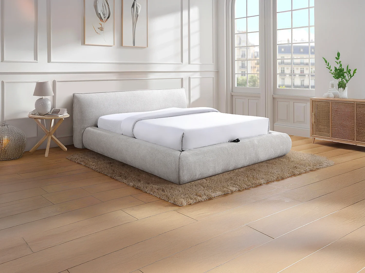 Sängstomme med förvaring 160 x 200 cm - Tyg - Beige - MIRSIO