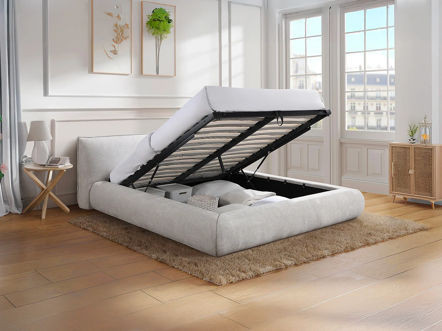 Letto contenitore 180 x 200 cm - Tessuto - Beige - MIRSIO