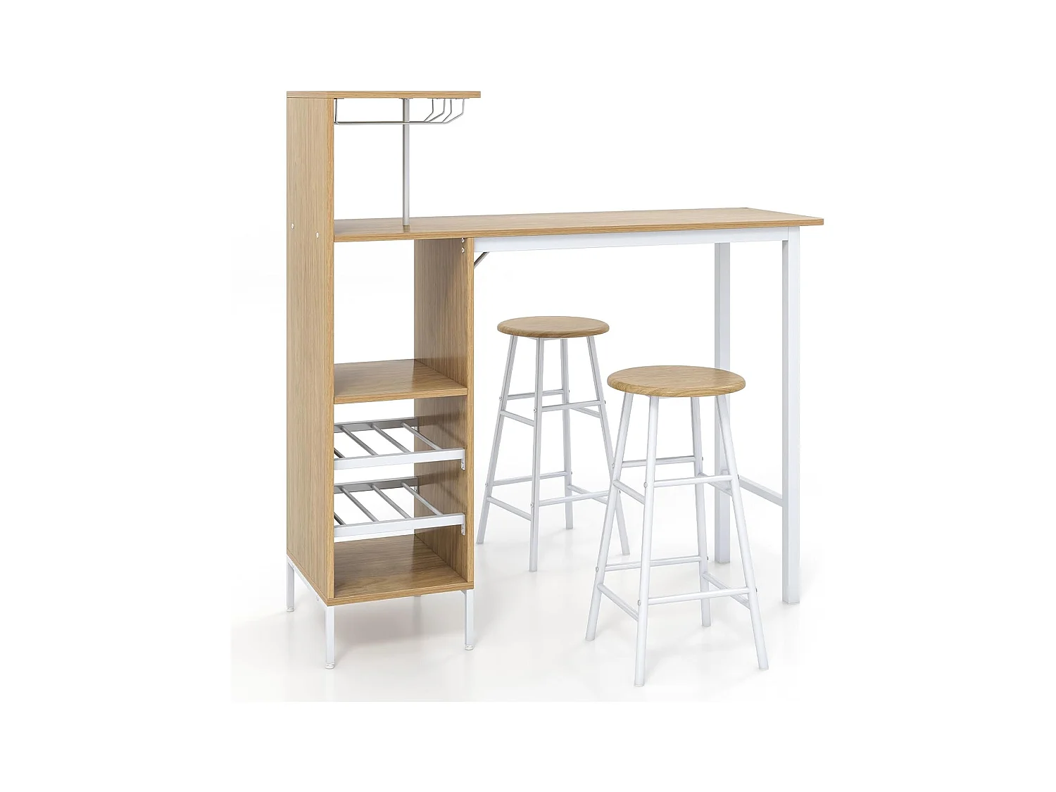 Hoge keukentafel met kruk, met glazenhouder, flessenhouder, bartafel met kruk 2 personen compact, natuurlijk