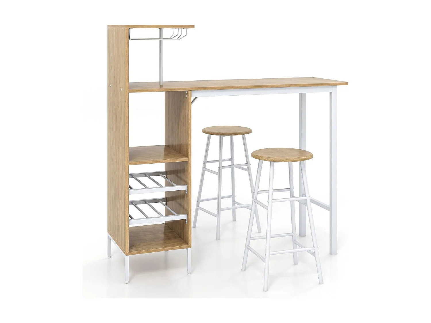 Table Haute Cuisine avec Tabouret,  avec Porte-Verre Porte-Bouteilles, Table Bar avec Tabouret 2 Personnes Compact, Naturel
