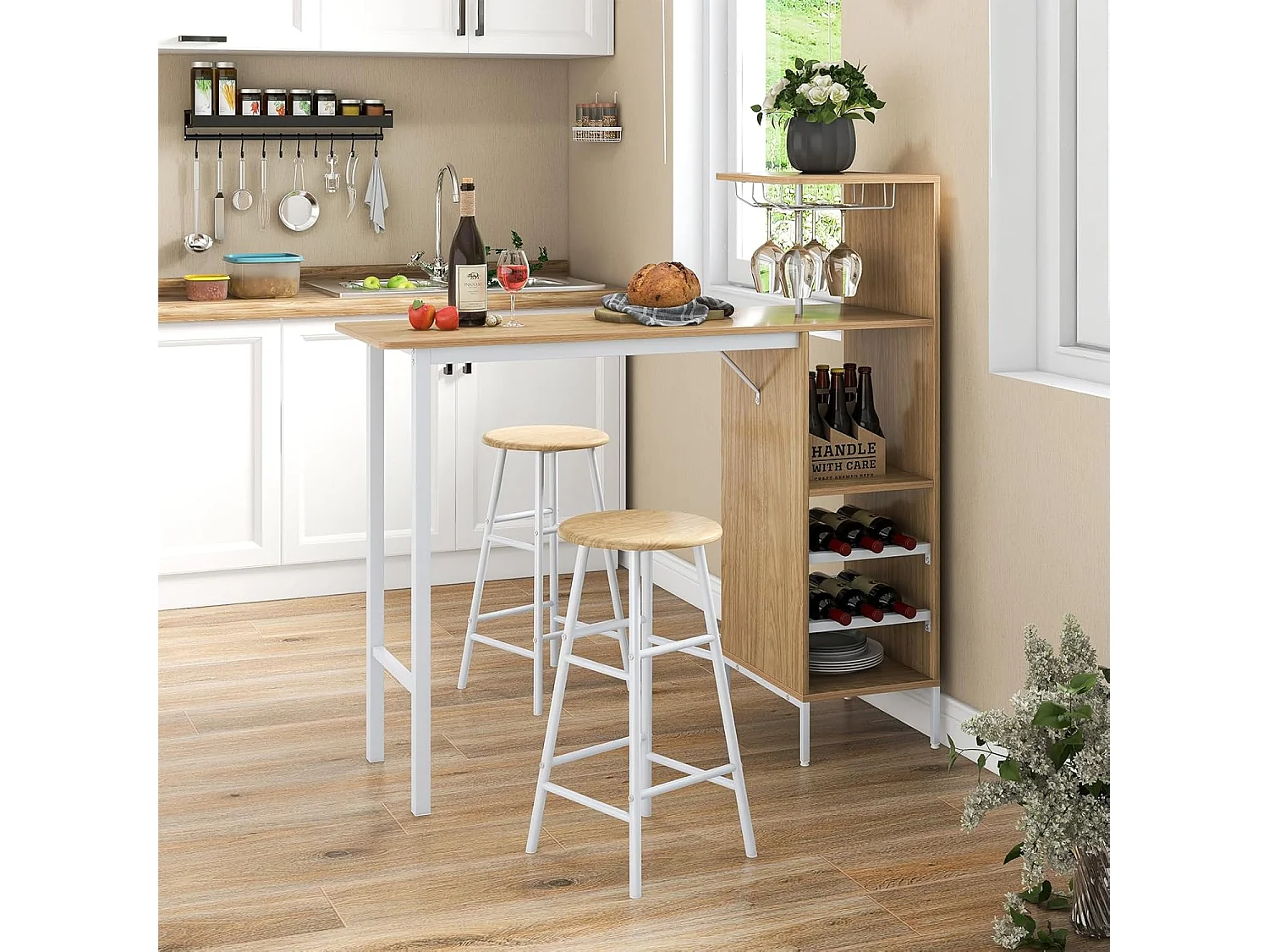 Table Haute Cuisine avec Tabouret,  avec Porte-Verre Porte-Bouteilles, Table Bar avec Tabouret 2 Personnes Compact, Naturel