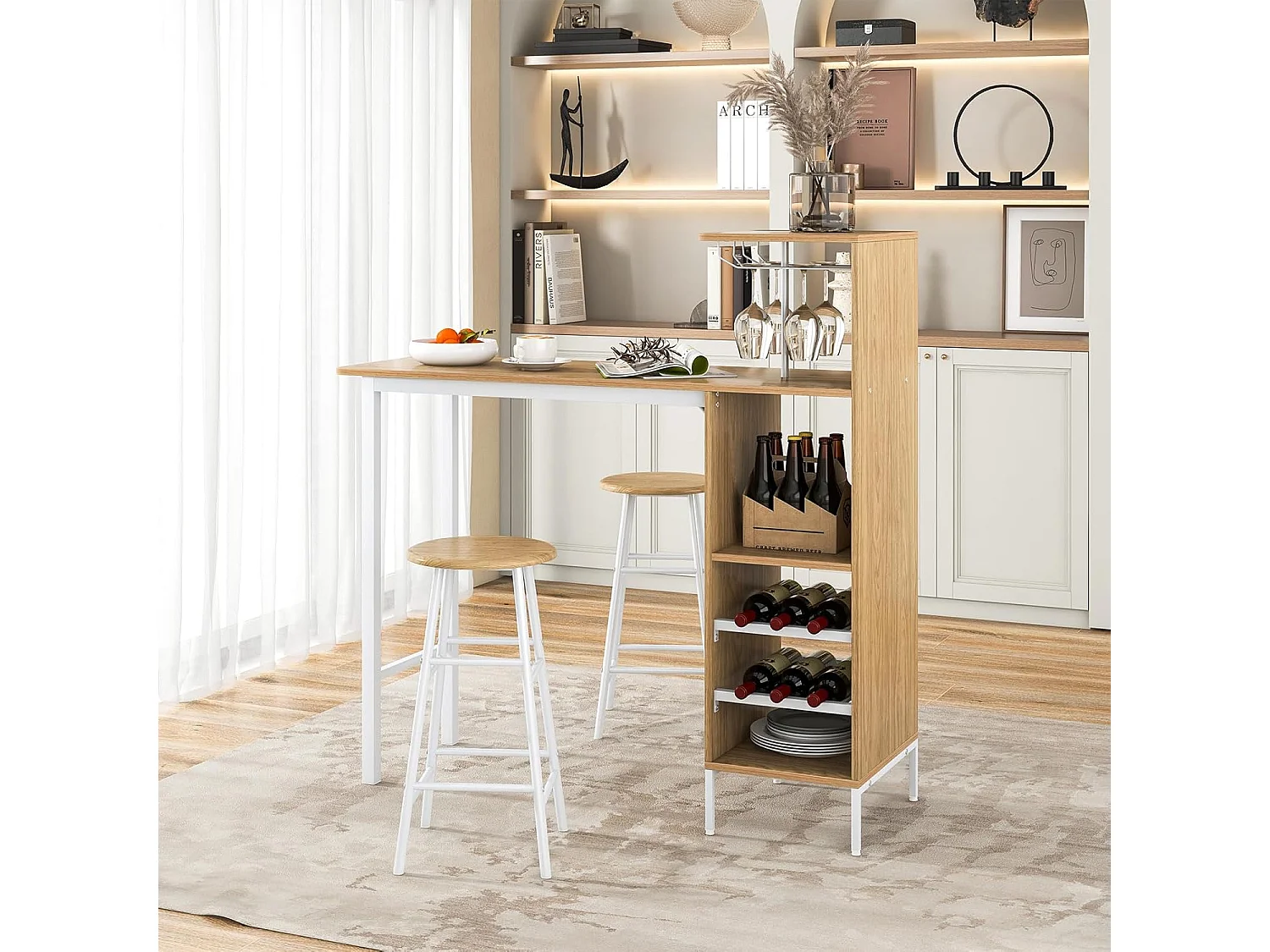 Table Haute Cuisine avec Tabouret,  avec Porte-Verre Porte-Bouteilles, Table Bar avec Tabouret 2 Personnes Compact, Naturel
