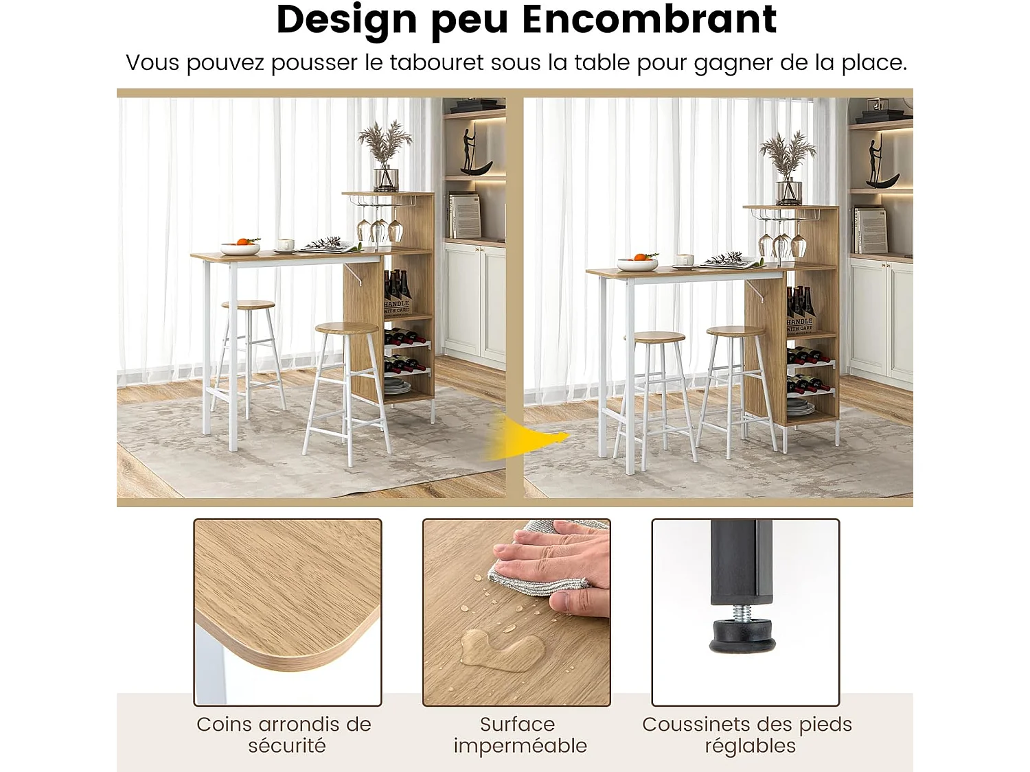 Table Haute Cuisine avec Tabouret,  avec Porte-Verre Porte-Bouteilles, Table Bar avec Tabouret 2 Personnes Compact, Naturel