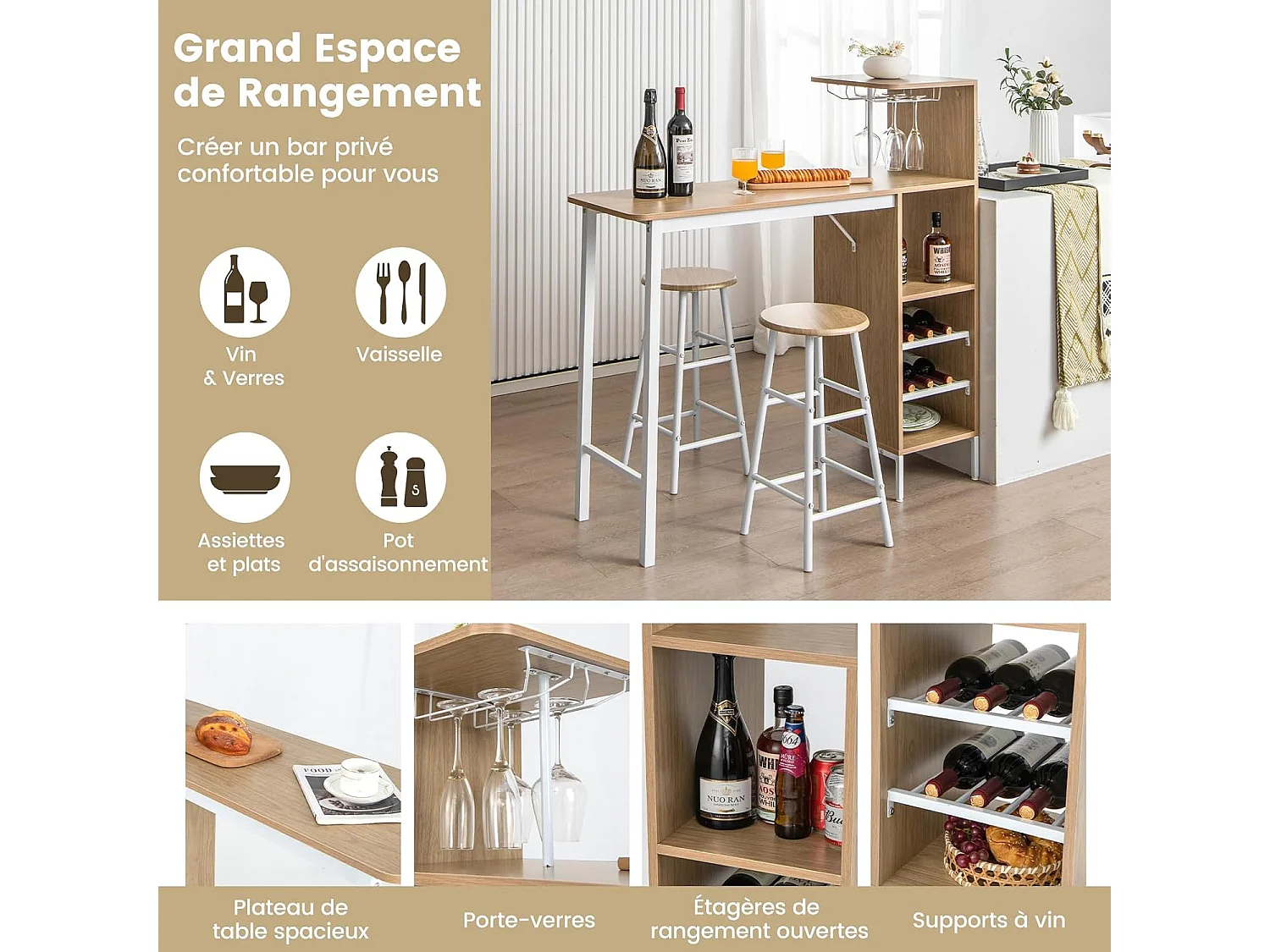 Table Haute Cuisine avec Tabouret,  avec Porte-Verre Porte-Bouteilles, Table Bar avec Tabouret 2 Personnes Compact, Naturel