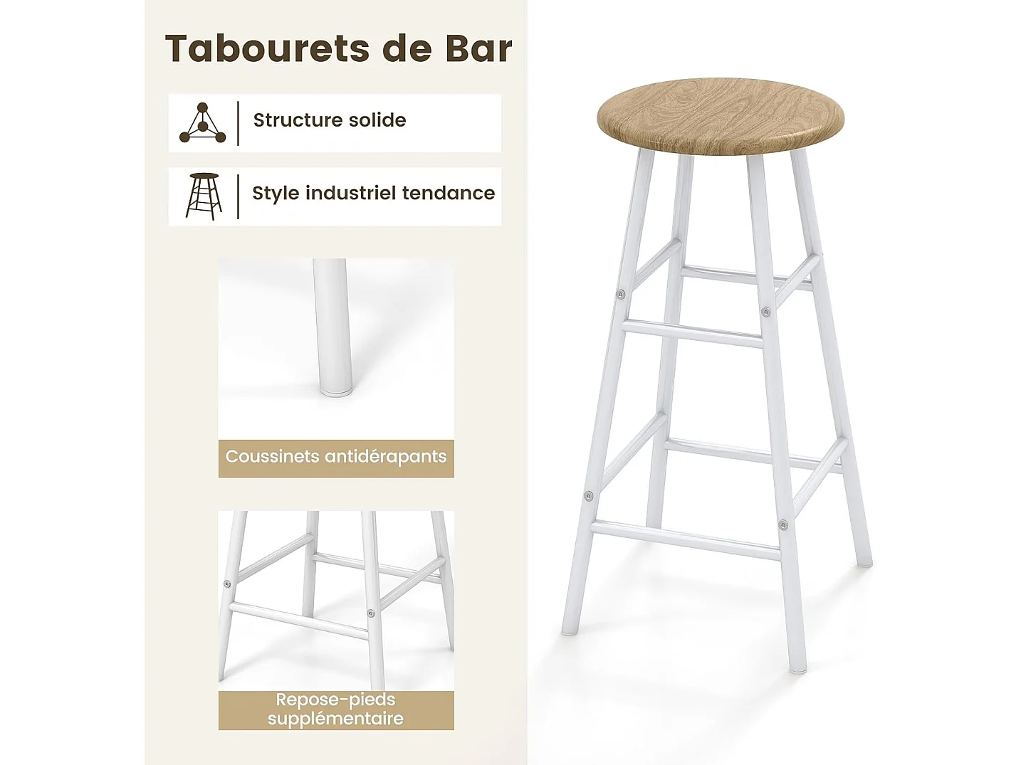 Table Haute Cuisine avec Tabouret,  avec Porte-Verre Porte-Bouteilles, Table Bar avec Tabouret 2 Personnes Compact, Naturel