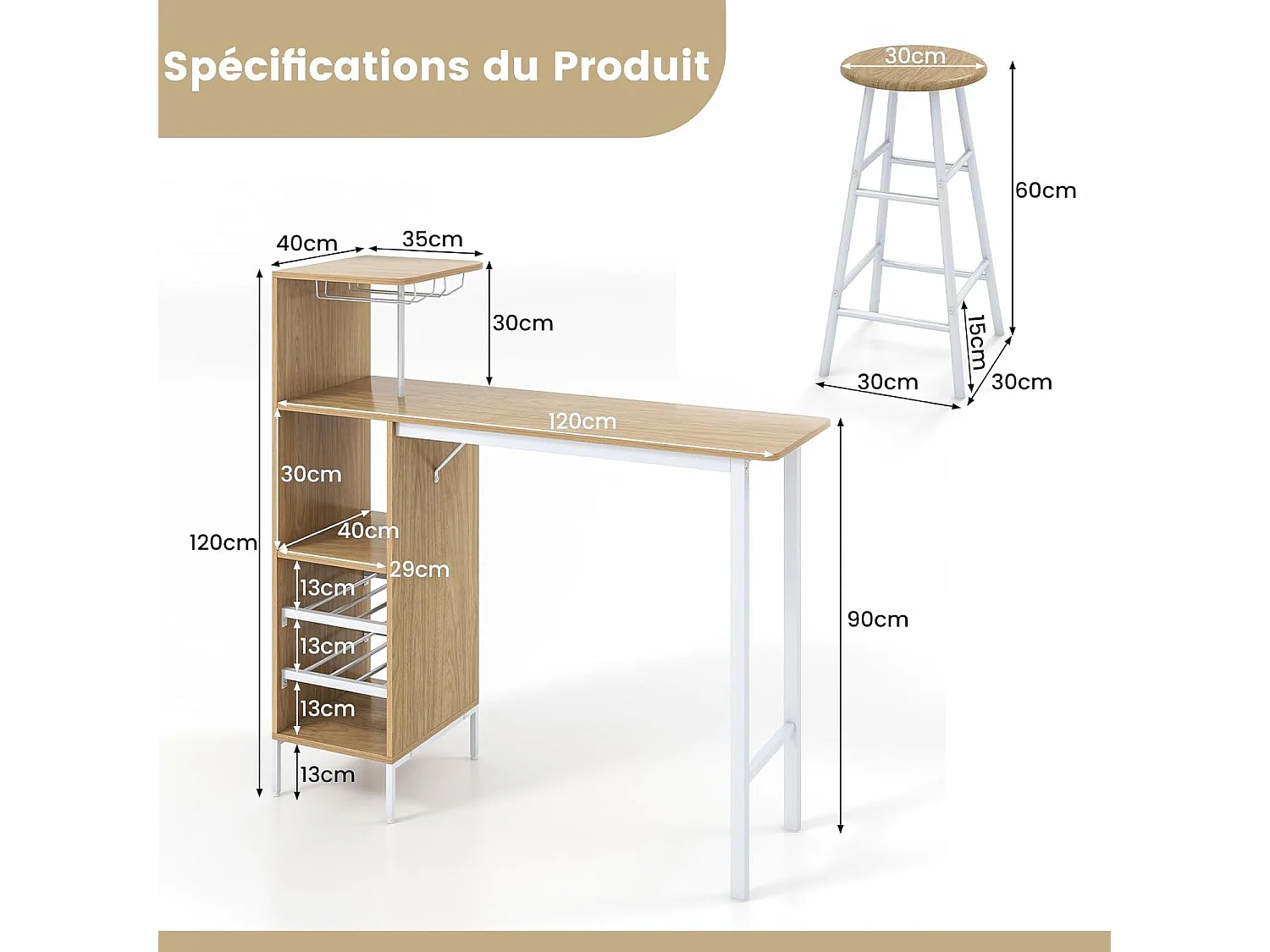 Table Haute Cuisine avec Tabouret,  avec Porte-Verre Porte-Bouteilles, Table Bar avec Tabouret 2 Personnes Compact, Naturel