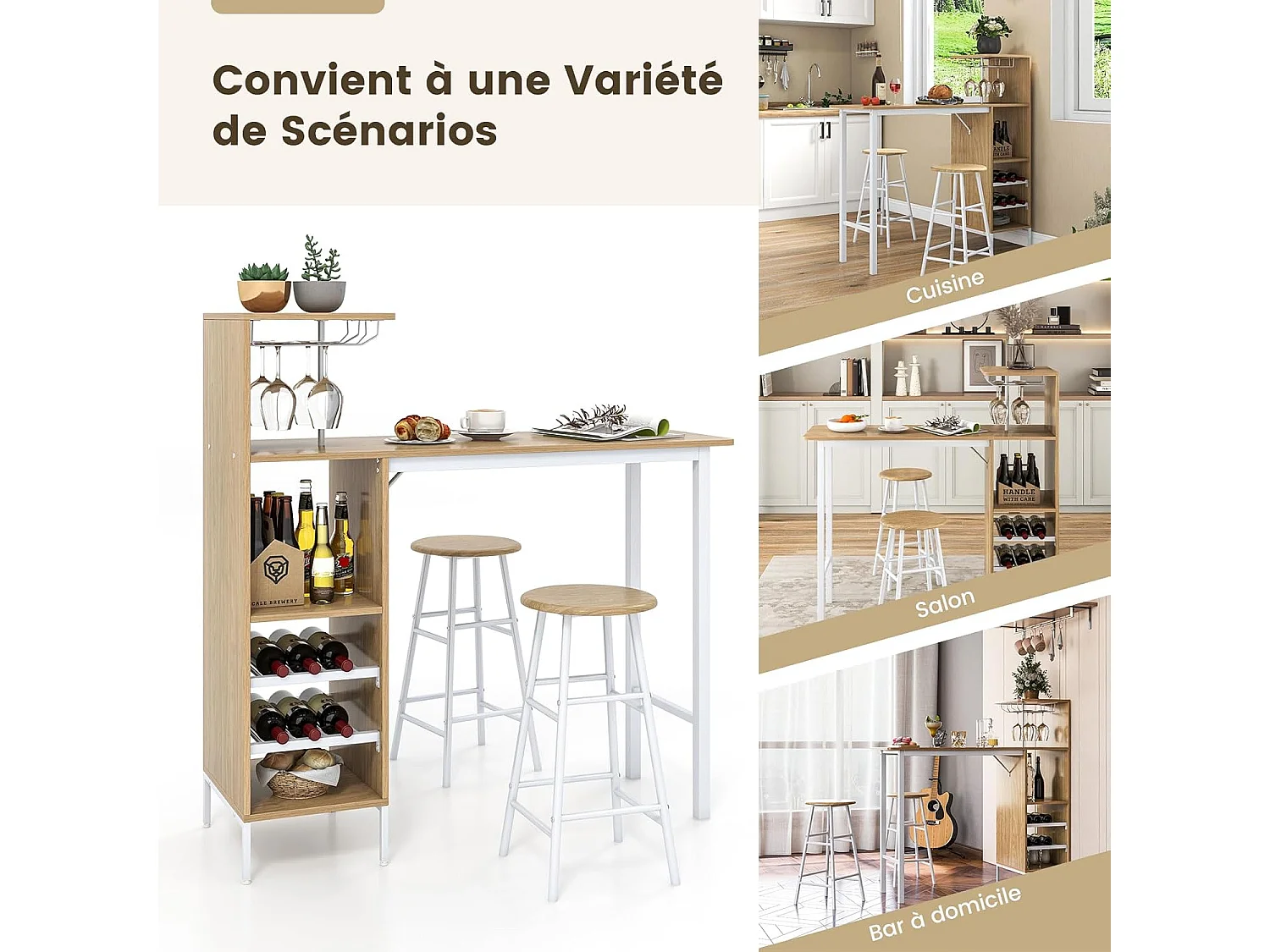 Table Haute Cuisine avec Tabouret,  avec Porte-Verre Porte-Bouteilles, Table Bar avec Tabouret 2 Personnes Compact, Naturel