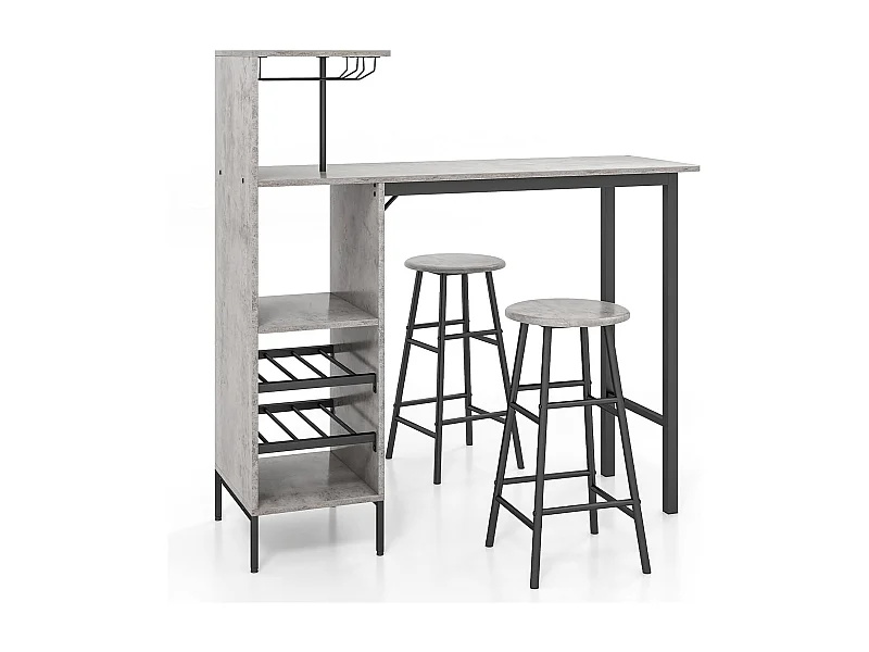 Table Haute Cuisine avec Tabouret, avec Porte-Verre Porte-Bouteilles, Table Bar avec Tabouret 2 Personnes Compact, Gris