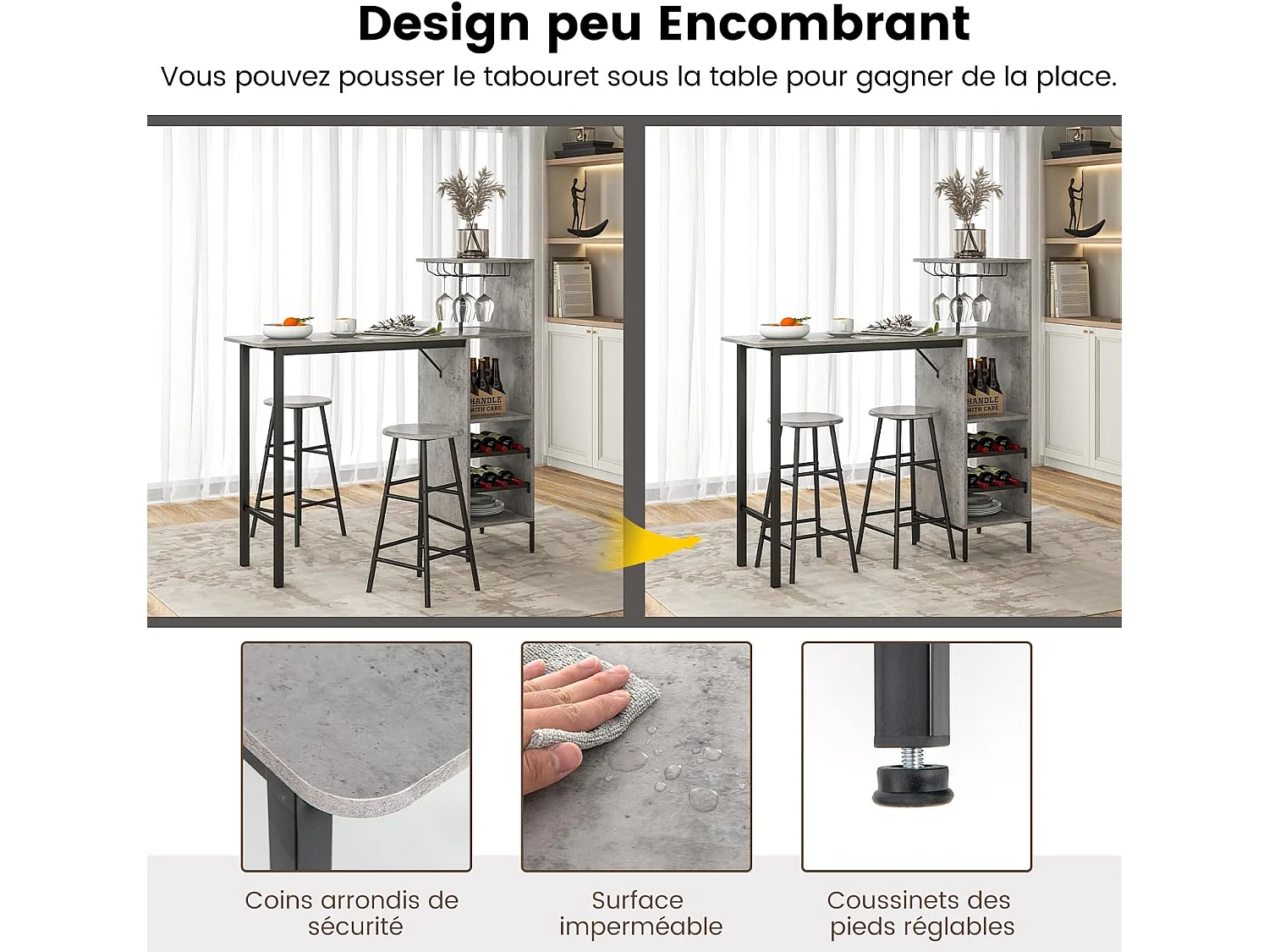 Table Haute Cuisine avec Tabouret, avec Porte-Verre Porte-Bouteilles, Table Bar avec Tabouret 2 Personnes Compact, Gris
