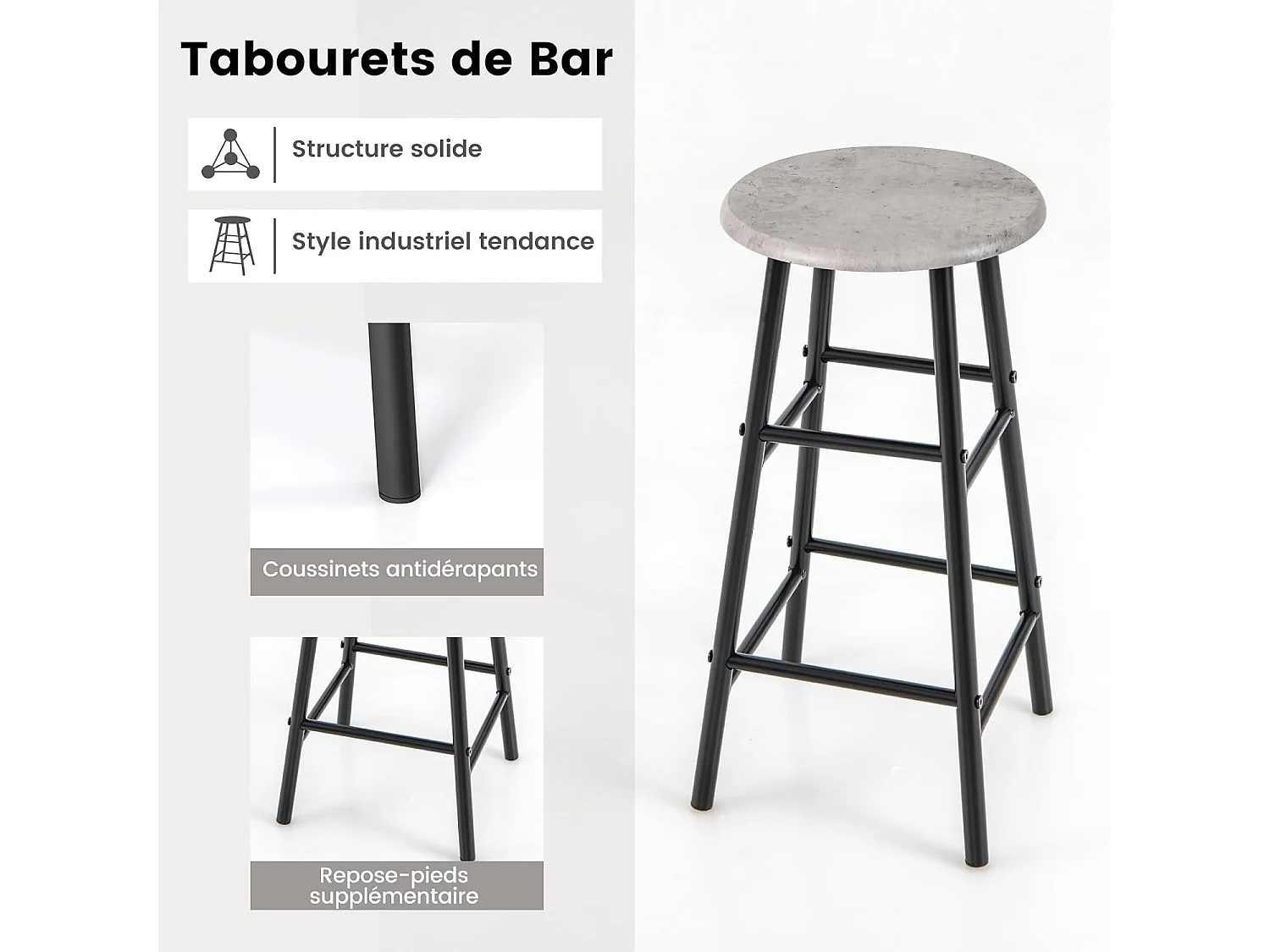 Table Haute Cuisine avec Tabouret, avec Porte-Verre Porte-Bouteilles, Table Bar avec Tabouret 2 Personnes Compact, Gris