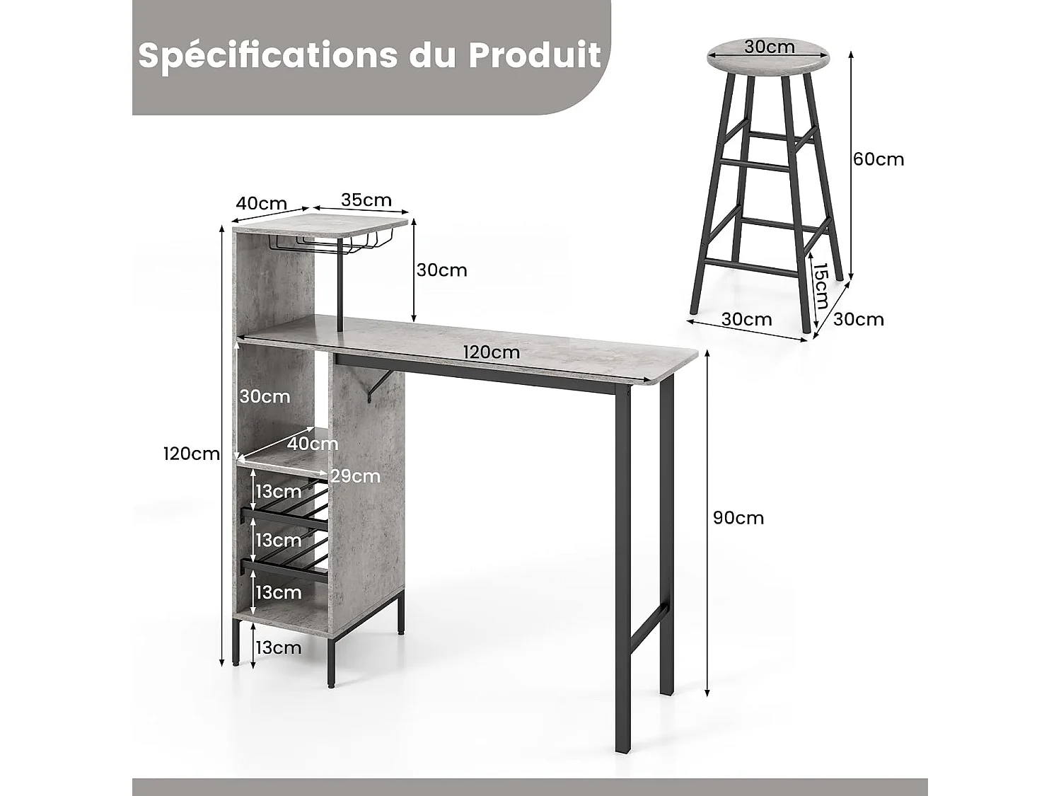 Table Haute Cuisine avec Tabouret, avec Porte-Verre Porte-Bouteilles, Table Bar avec Tabouret 2 Personnes Compact, Gris