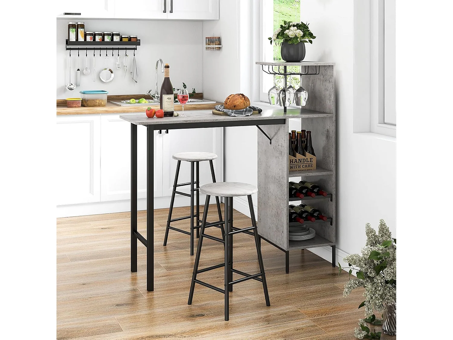 Table Haute Cuisine avec Tabouret, avec Porte-Verre Porte-Bouteilles, Table Bar avec Tabouret 2 Personnes Compact, Gris