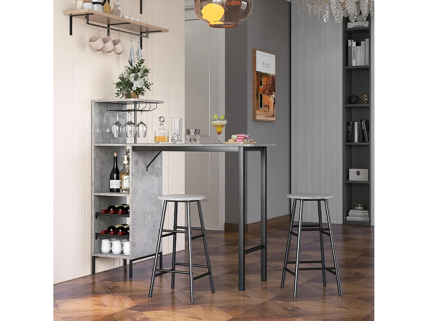 Table Haute Cuisine avec Tabouret, avec Porte-Verre Porte-Bouteilles, Table Bar avec Tabouret 2 Personnes Compact, Gris