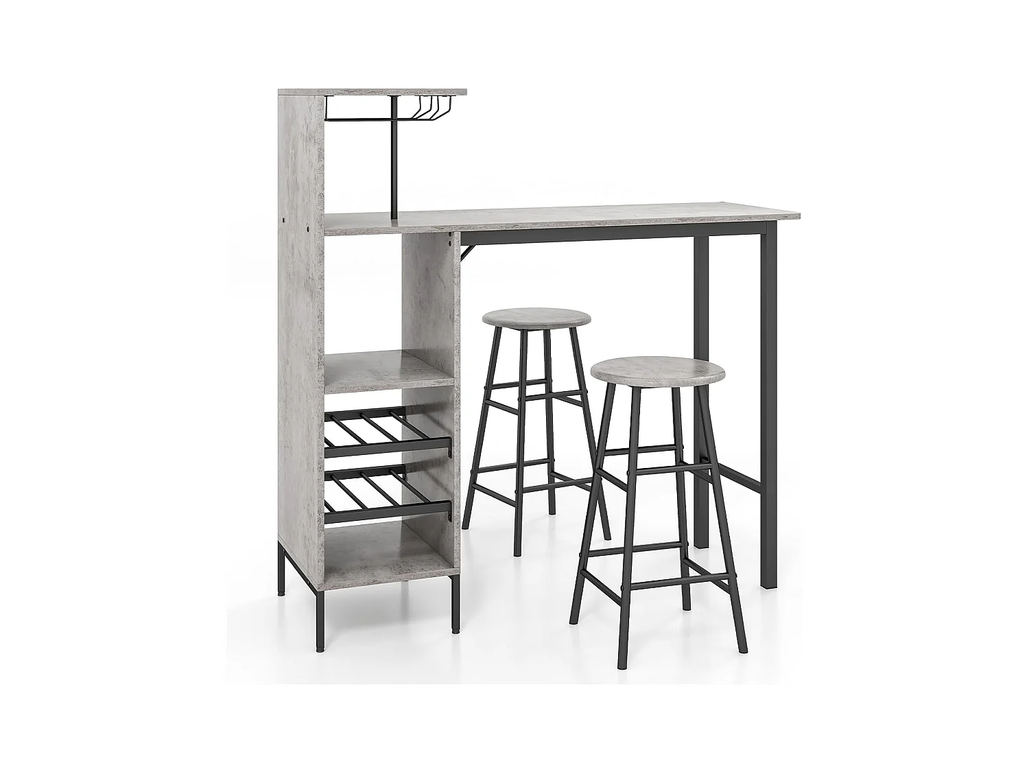Table Haute Cuisine avec Tabouret, avec Porte-Verre Porte-Bouteilles, Table Bar avec Tabouret 2 Personnes Compact, Gris