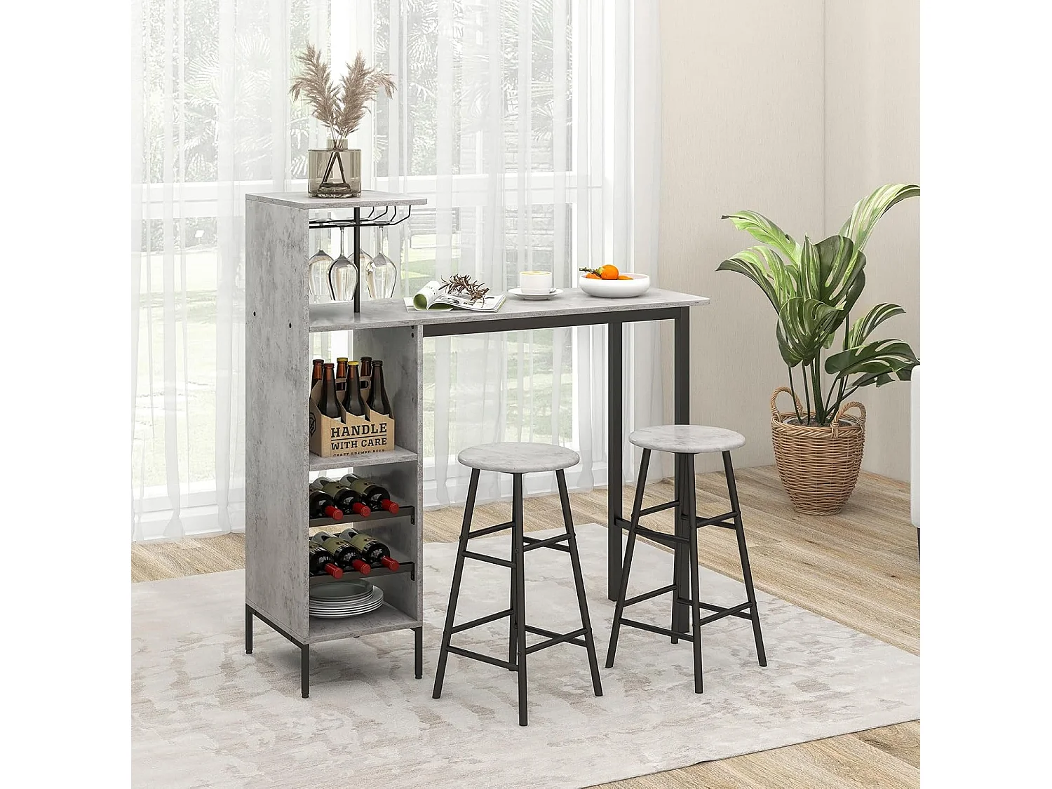 Table Haute Cuisine avec Tabouret, avec Porte-Verre Porte-Bouteilles, Table Bar avec Tabouret 2 Personnes Compact, Gris