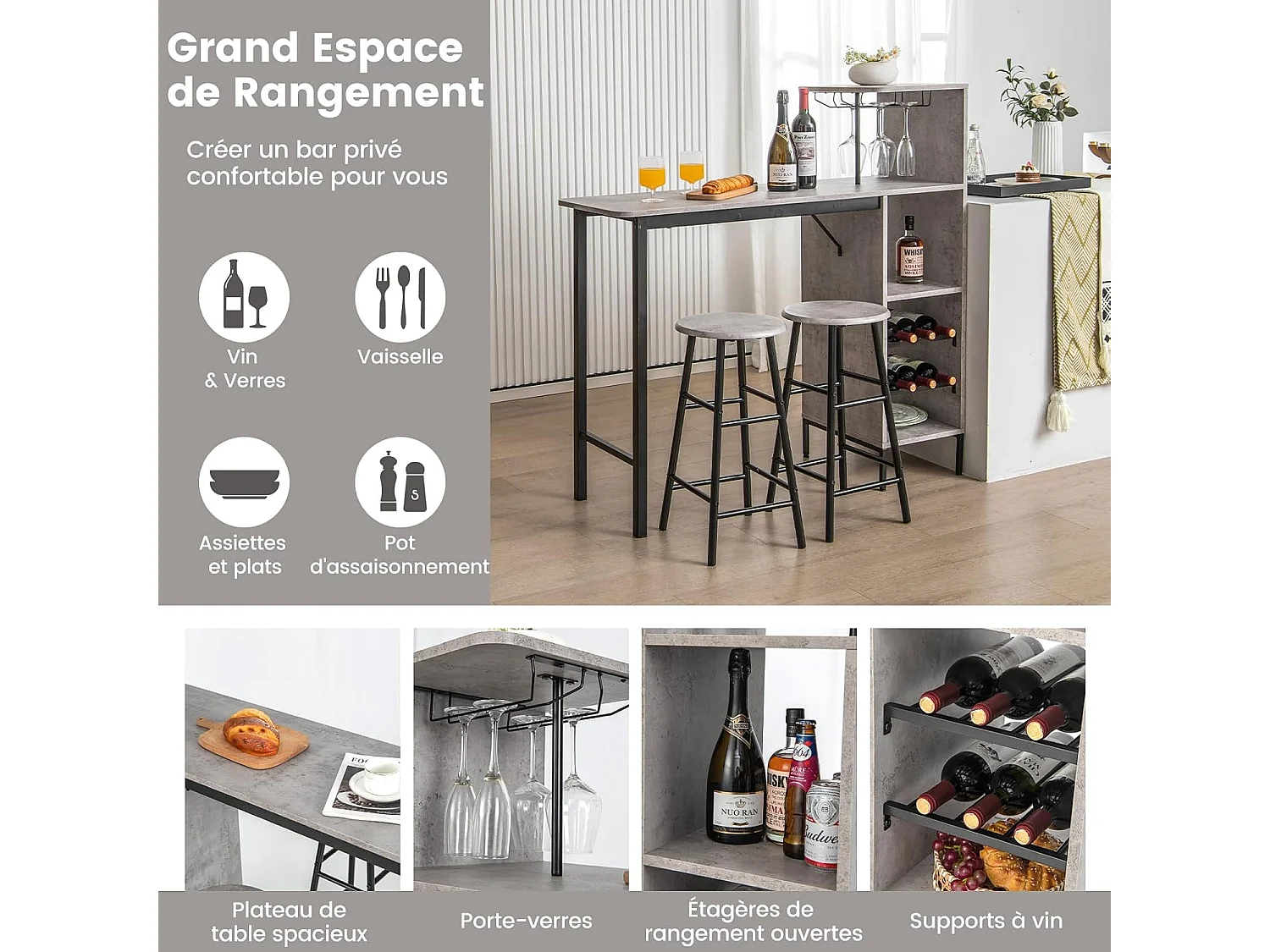 Table Haute Cuisine avec Tabouret, avec Porte-Verre Porte-Bouteilles, Table Bar avec Tabouret 2 Personnes Compact, Gris