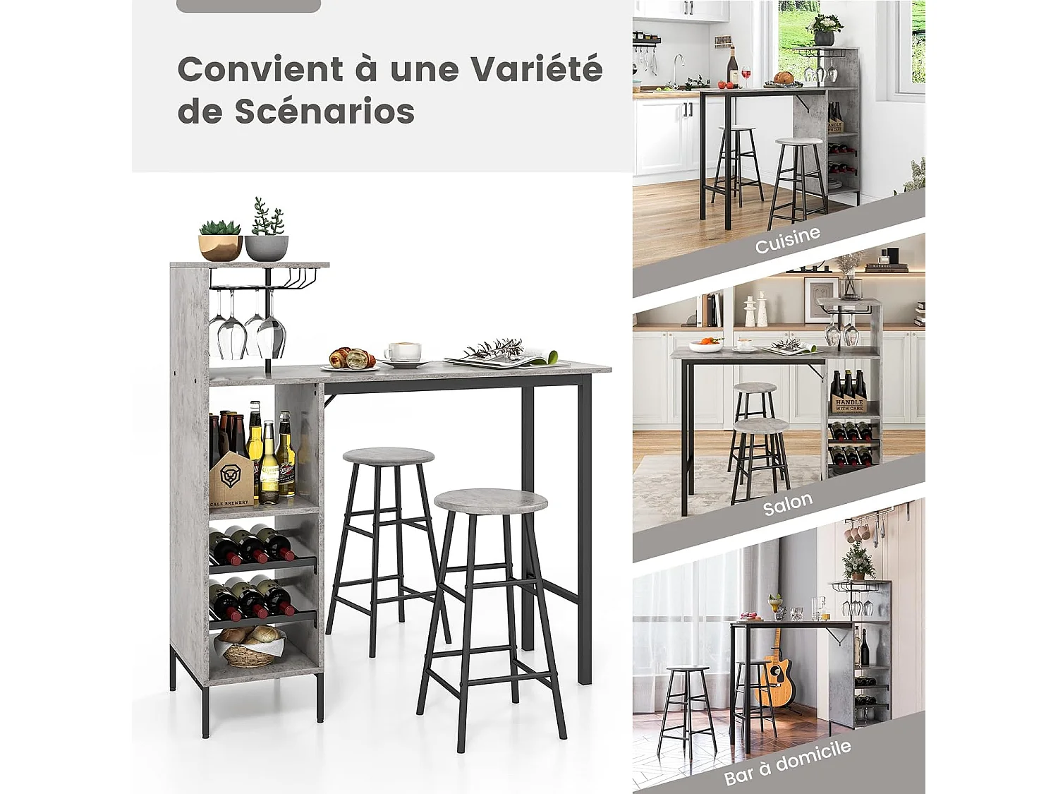 Table Haute Cuisine avec Tabouret, avec Porte-Verre Porte-Bouteilles, Table Bar avec Tabouret 2 Personnes Compact, Gris