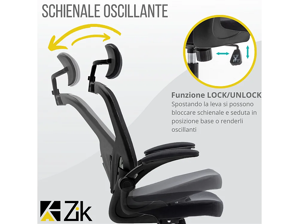 Cadeira de escritório ergonómica com apoios para os braços e apoio de cabeça executivo, ajustável em altura, Preto - ZIK