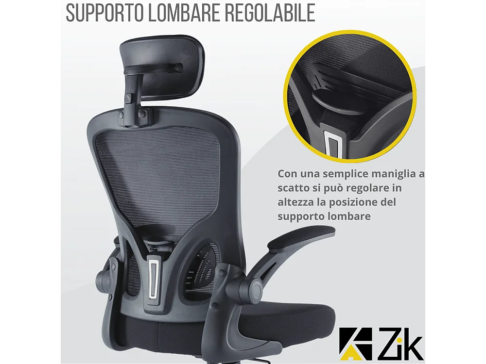 Cadeira de escritório ergonómica com apoios para os braços e apoio de cabeça executivo, ajustável em altura, Preto - ZIK