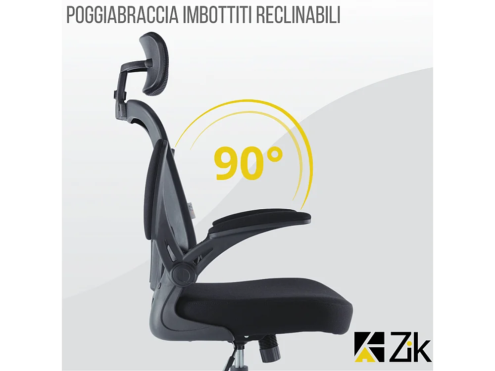 Cadeira de escritório ergonómica com apoios para os braços e apoio de cabeça executivo, ajustável em altura, Preto - ZIK