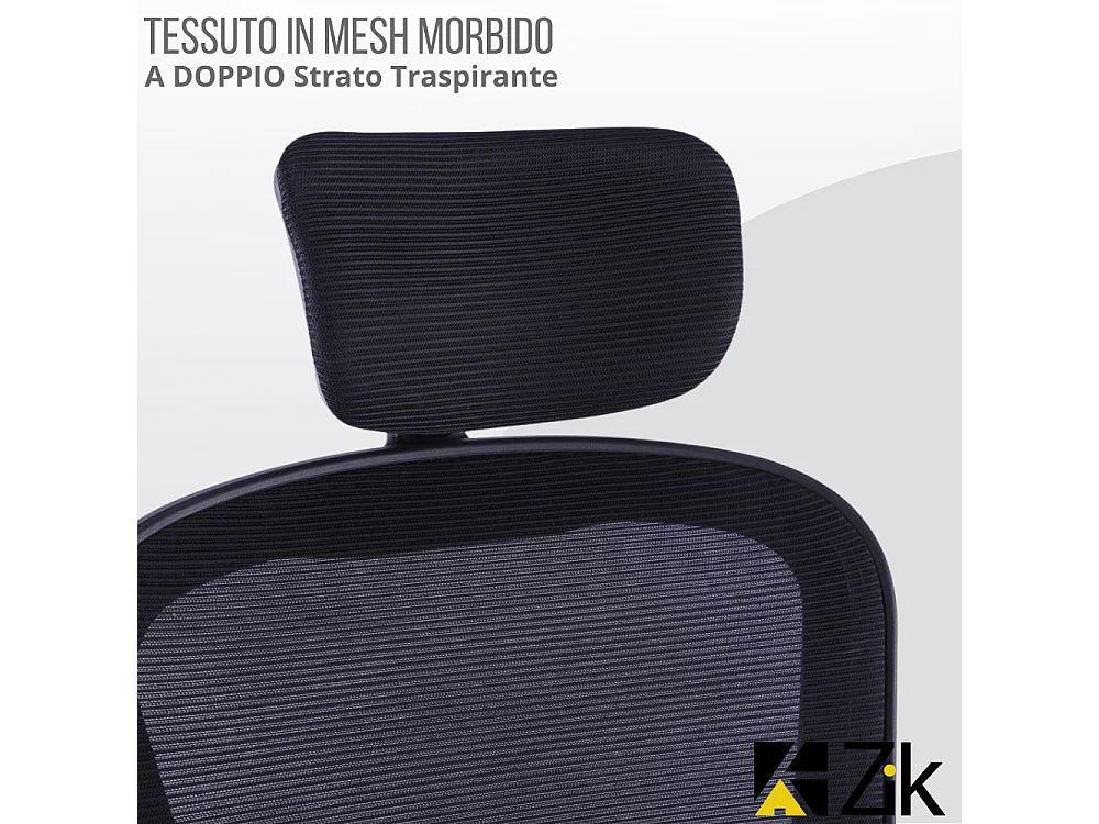 Cadeira de escritório ergonómica com apoios para os braços e apoio de cabeça executivo, ajustável em altura, Preto - ZIK