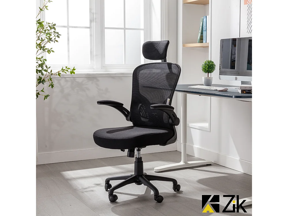 Sedia Ufficio EN 1335 Certificata Poltrona Ergonomica Girevole Regolabile con Braccioli e Poggiatesta in Tessuto, Nero - ZIK