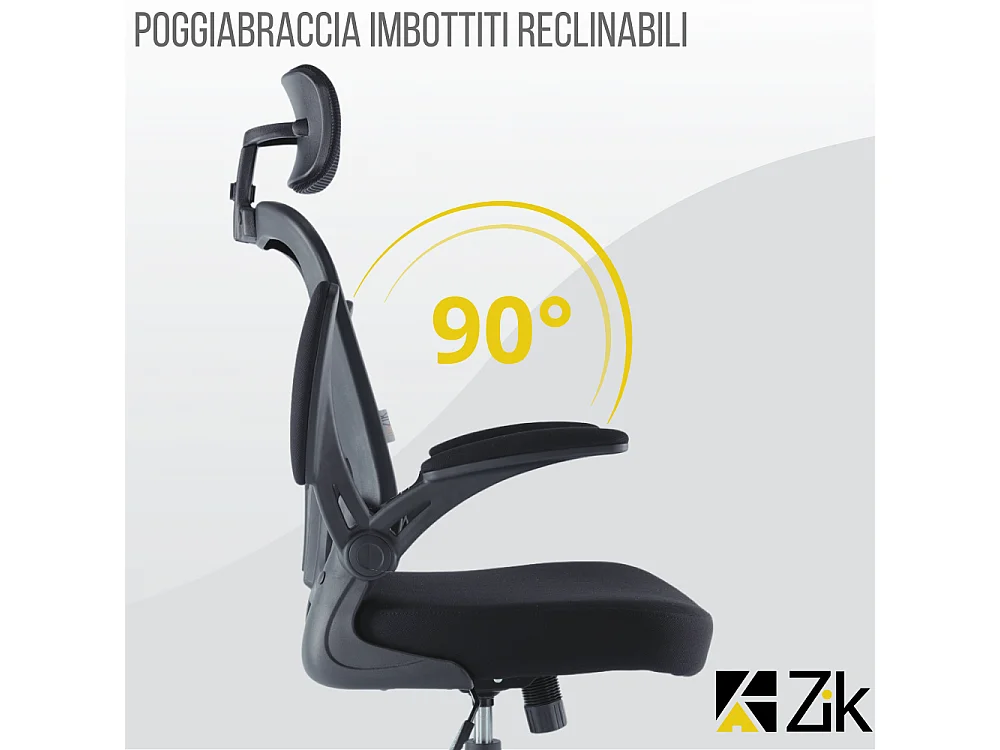 Sedia Ufficio EN 1335 Certificata Poltrona Ergonomica Girevole Regolabile con Braccioli e Poggiatesta in Tessuto, Nero - ZIK