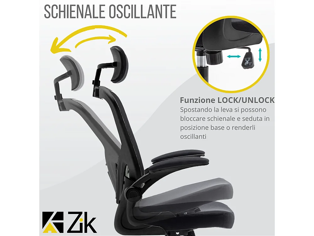 Silla de Oficina Sillón Giratorio Regulable Ergonómico Certificado EN 1335 con Reposabrazos y Cabecera de Tela, Negro - ZIK