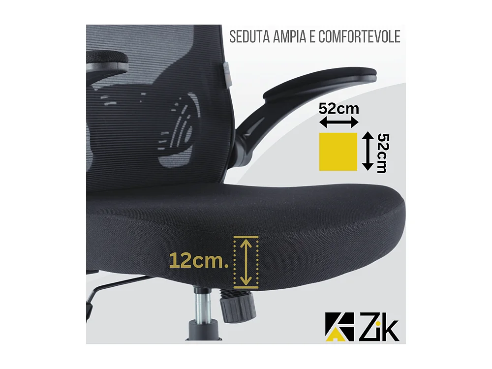Silla de Oficina Sillón Giratorio Regulable Ergonómico Certificado EN 1335 con Reposabrazos y Cabecera de Tela, Negro - ZIK