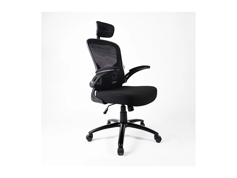 Silla de Oficina Sillón Giratorio Regulable Ergonómico Certificado EN 1335 con Reposabrazos y Cabecera de Tela, Negro - ZIK