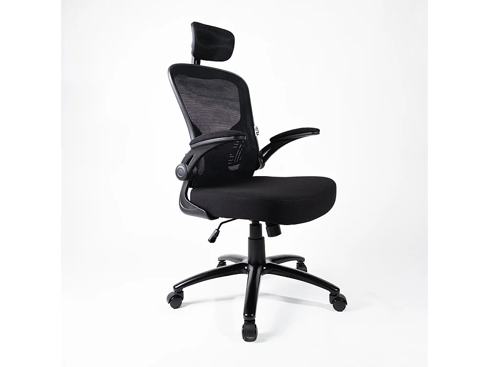 Silla de Oficina Sillón Giratorio Regulable Ergonómico Certificado EN 1335 con Reposabrazos y Cabecera de Tela, Negro - ZIK