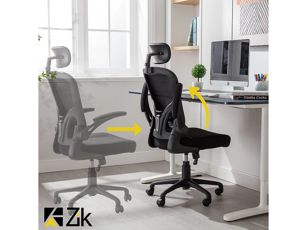 Silla de Oficina Sillón Giratorio Regulable Ergonómico Certificado EN 1335 con Reposabrazos y Cabecera de Tela, Negro - ZIK