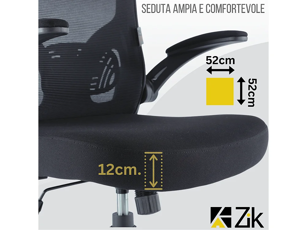 Silla de Oficina Sillón Giratorio Regulable Ergonómico Certificado EN 1335 con Reposabrazos y Cabecera de Tela, Negro - ZIK