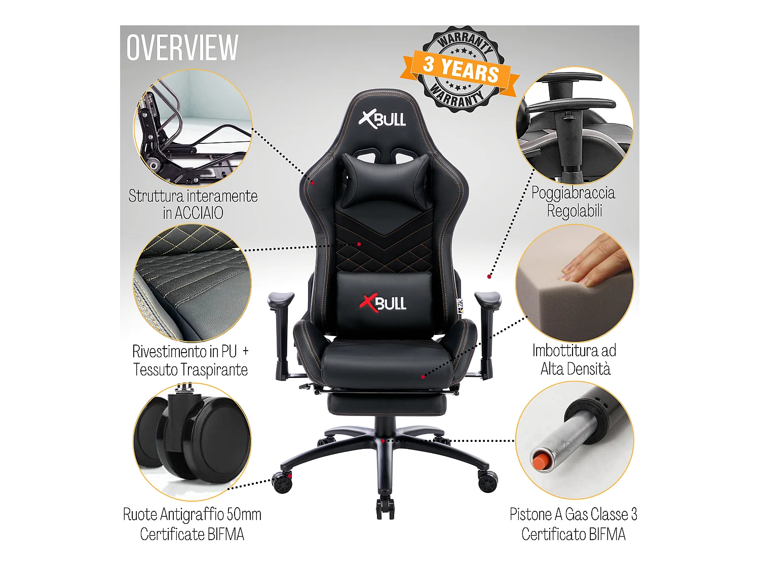 Sedia Gaming da Ufficio con Poggiapiedi, Reclinabile, Supporto Lombare in Similpelle - Nero