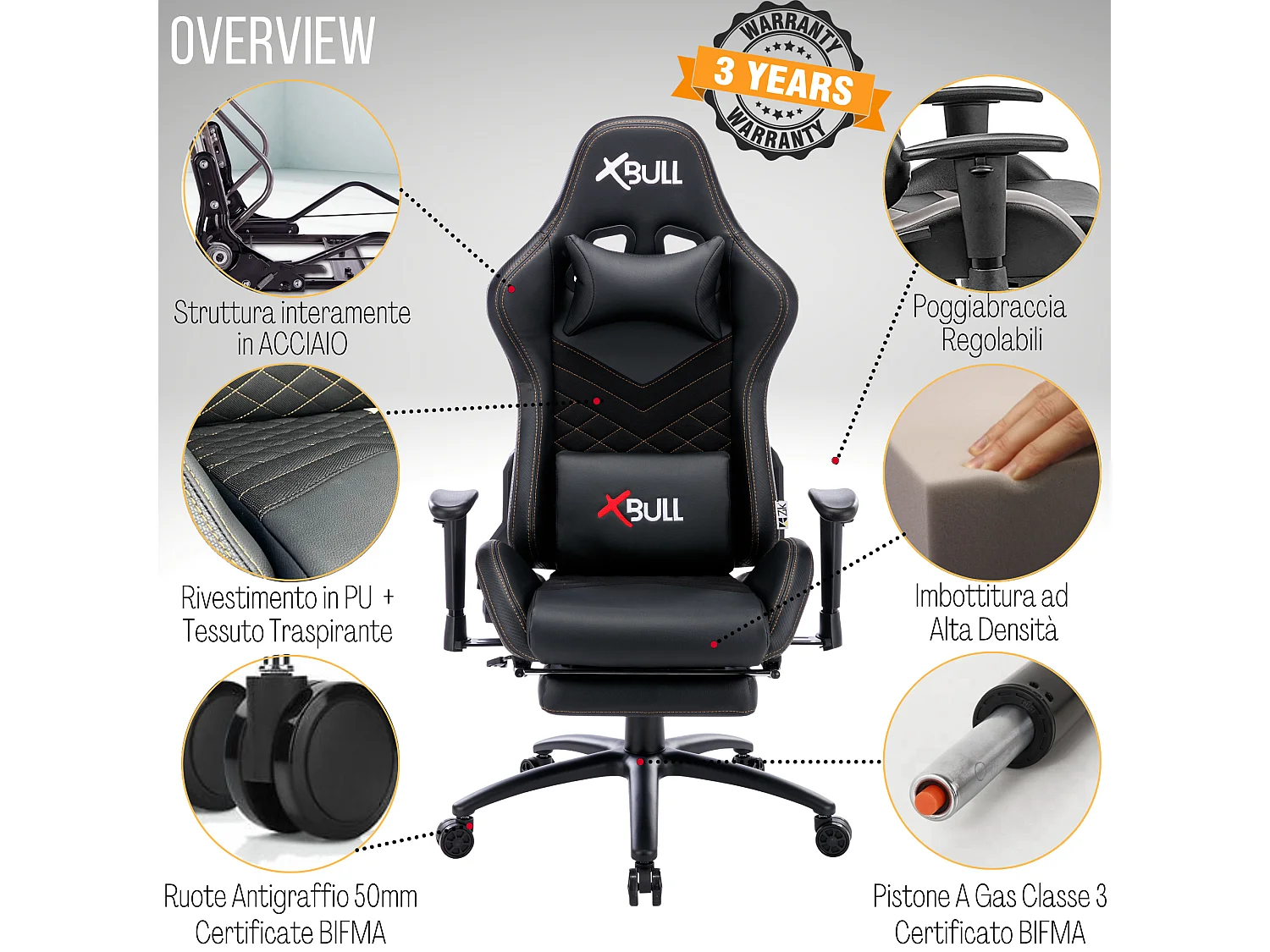 Sedia Gaming da Ufficio con Poggiapiedi, Reclinabile, Supporto Lombare in Similpelle - Nero