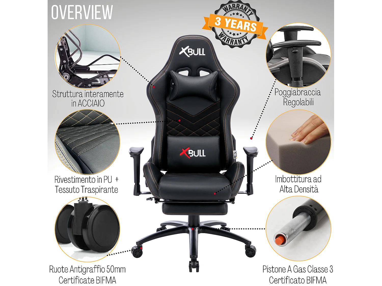 Sedia Gaming da Ufficio con Poggiapiedi, Reclinabile, Supporto Lombare in Similpelle - Nero