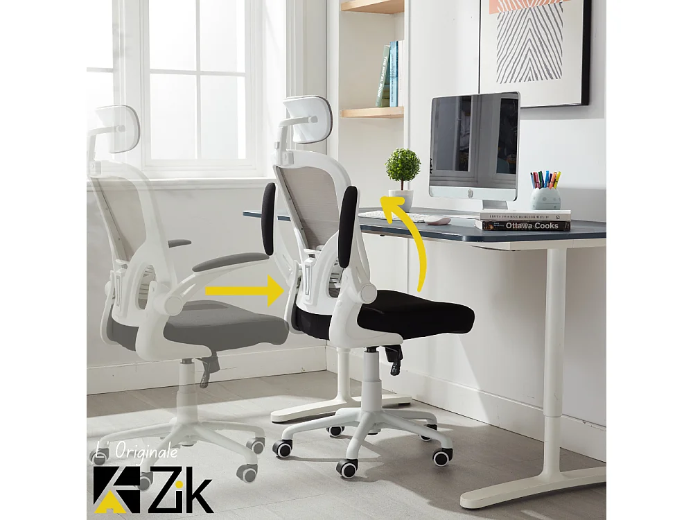 Cadeira de escritório ergonómica com apoios para os braços e apoio de cabeça oscilante, branca e cinzenta - ZIK