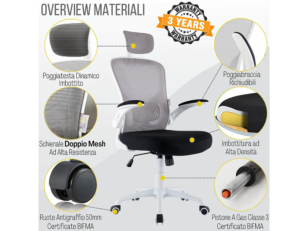 Cadeira de escritório ergonómica com apoios para os braços e apoio de cabeça oscilante, branca e cinzenta - ZIK