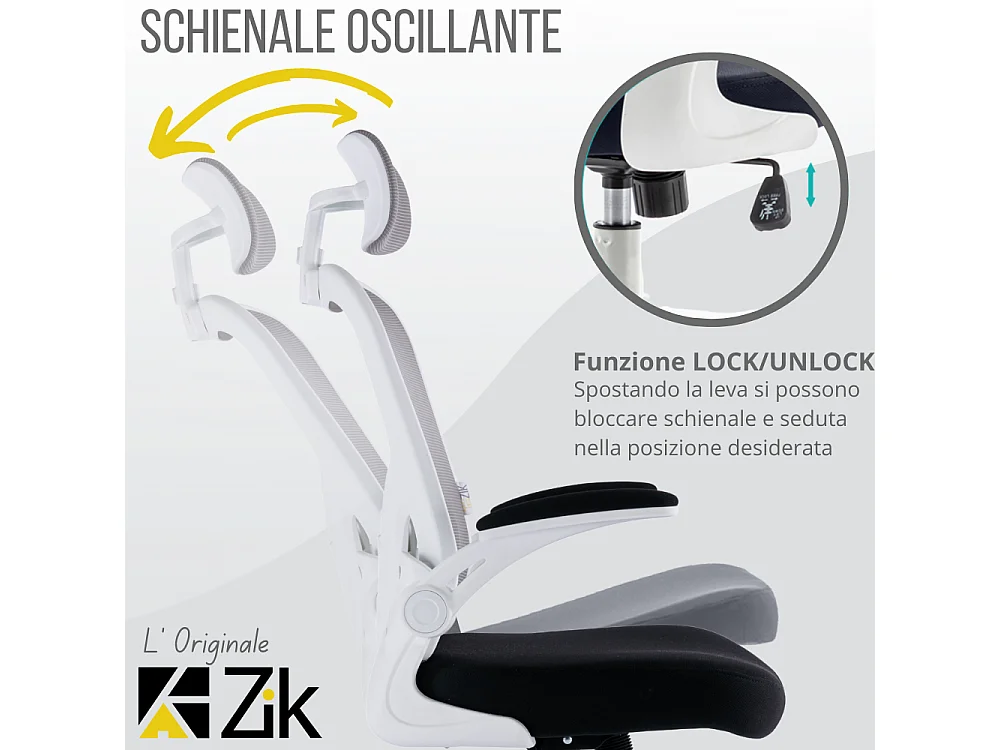 Cadeira de escritório ergonómica com apoios para os braços e apoio de cabeça oscilante, branca e cinzenta - ZIK