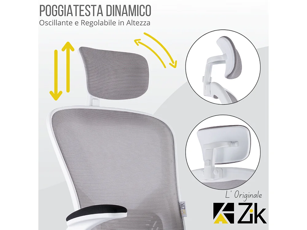 Cadeira de escritório ergonómica com apoios para os braços e apoio de cabeça oscilante, branca e cinzenta - ZIK
