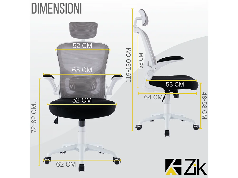 Cadeira de escritório ergonómica com apoios para os braços e apoio de cabeça oscilante, branca e cinzenta - ZIK