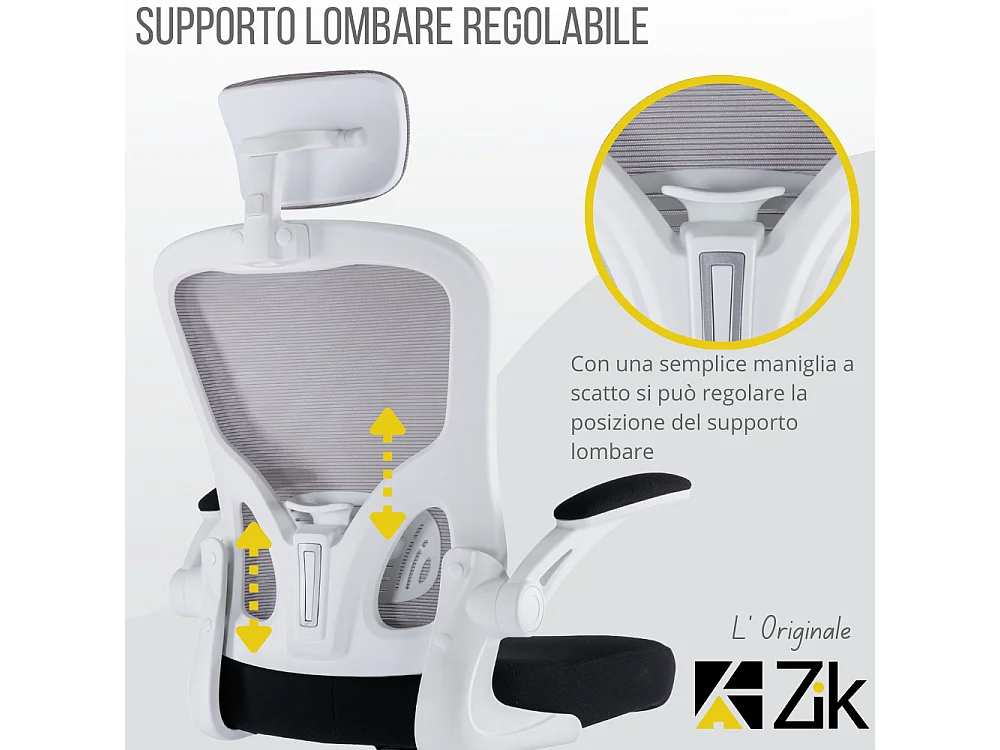 Cadeira de escritório ergonómica com apoios para os braços e apoio de cabeça oscilante, branca e cinzenta - ZIK