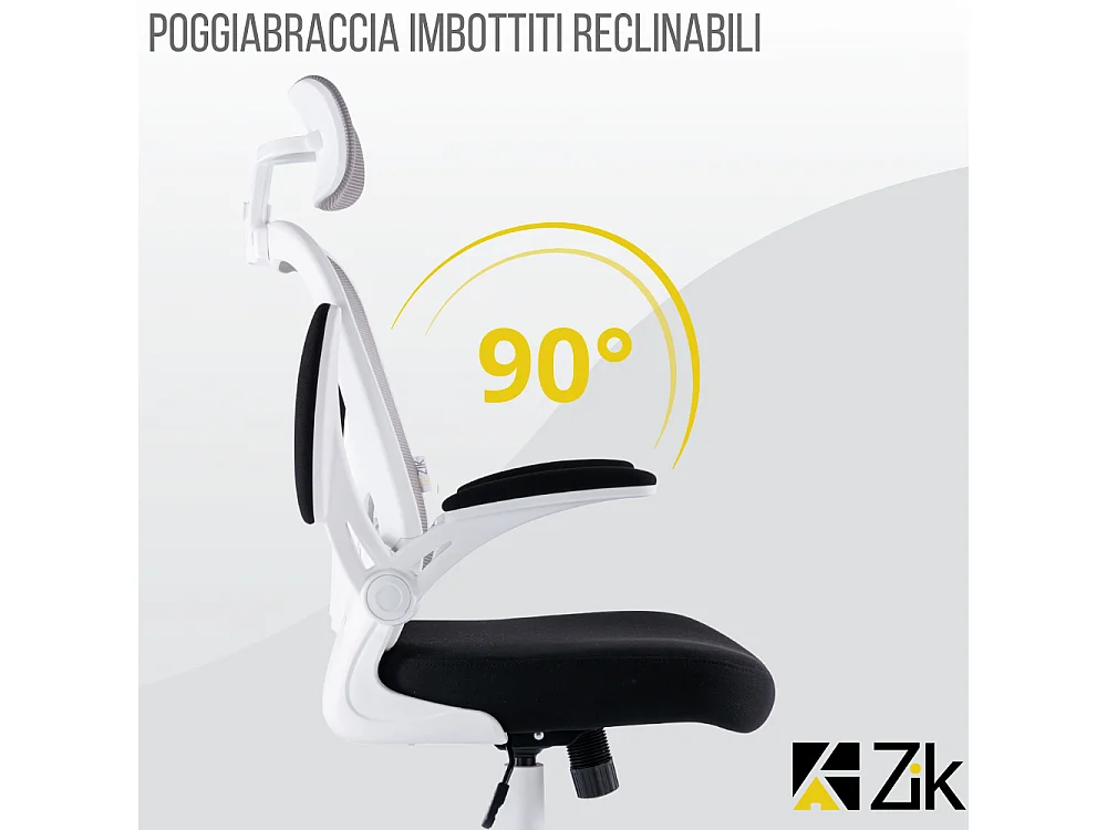 Cadeira de escritório ergonómica com apoios para os braços e apoio de cabeça oscilante, branca e cinzenta - ZIK