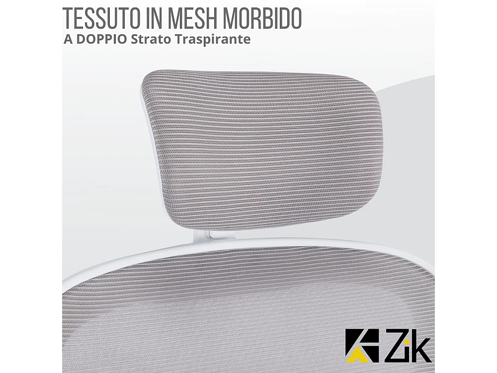 Cadeira de escritório ergonómica com apoios para os braços e apoio de cabeça oscilante, branca e cinzenta - ZIK