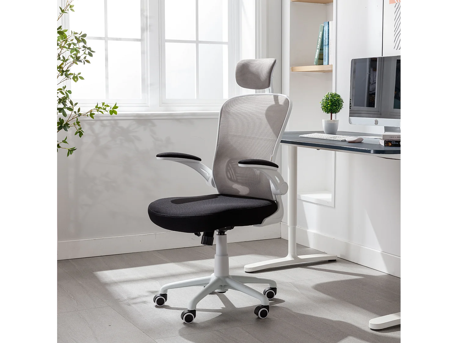 Cadeira de escritório ergonómica com apoios para os braços e apoio de cabeça oscilante, branca e cinzenta - ZIK