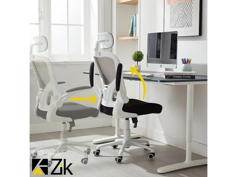 Cadeira de escritório ergonómica com apoios para os braços e apoio de cabeça oscilante, branca e cinzenta - ZIK